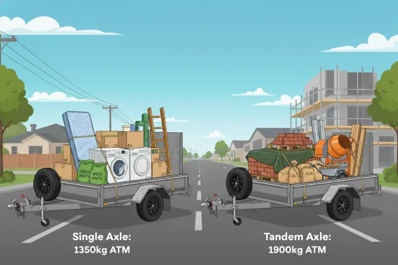 8x5 Trailer Loading Examples - Single vs. Tandem Axle 8x5 trailer capacity guide showing single and tandem axle trailers loaded with household items, gree