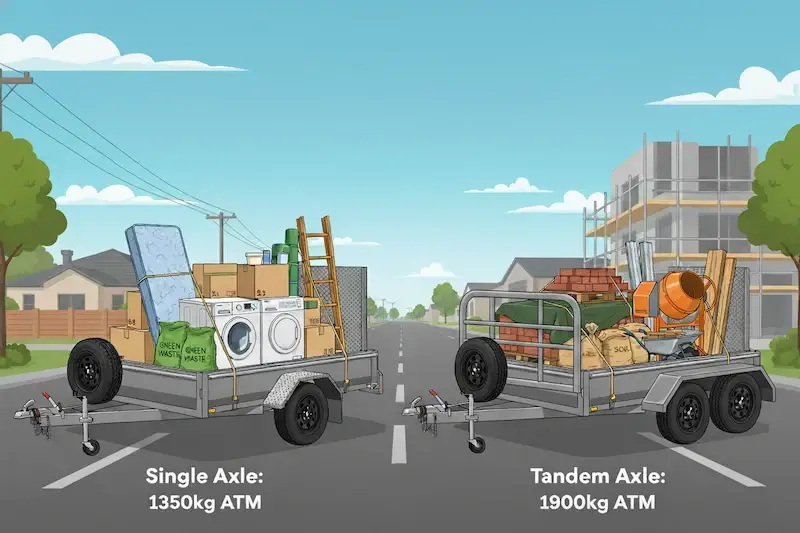 8x5 Trailer Loading Examples - Single vs. Tandem Axle 8x5 trailer capacity guide showing single and tandem axle trailers loaded with household items, gree